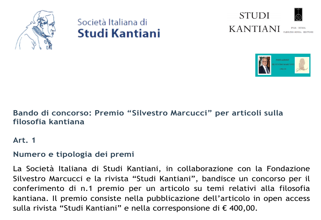 Bando di concorso della Società Italiana di Studi Kantiani: Premio “Silvestro Marcucci” per articoli sulla filosofia kantiana