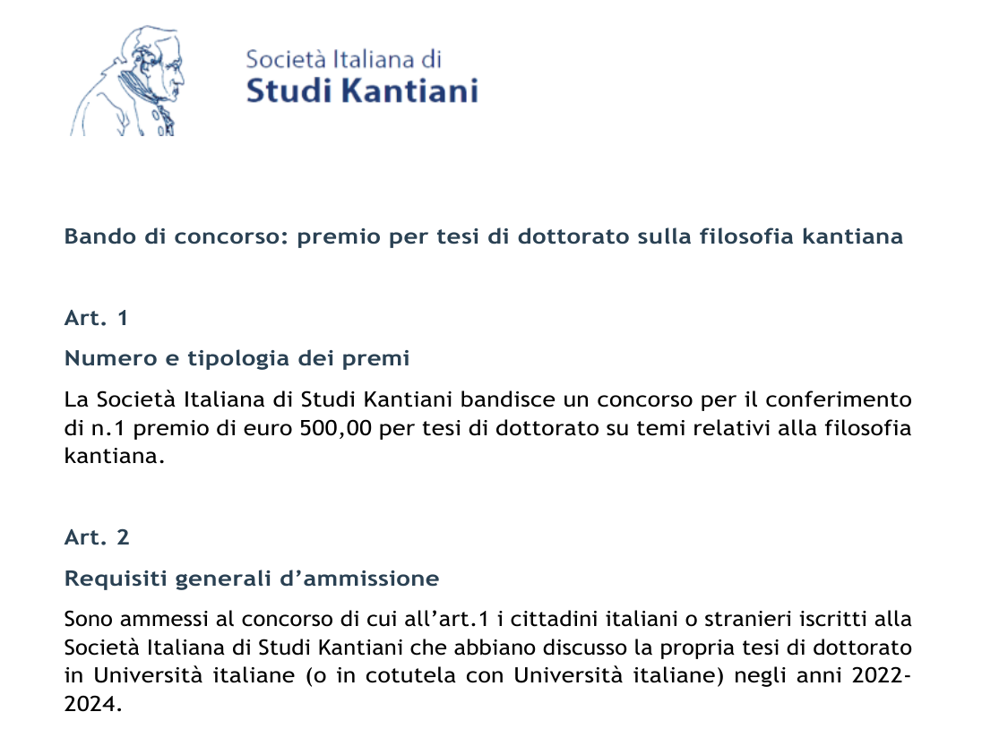 Bando di concorso della Società Italiana di Studi Kantiani: premio per tesi di dottorato sulla filosofia kantiana